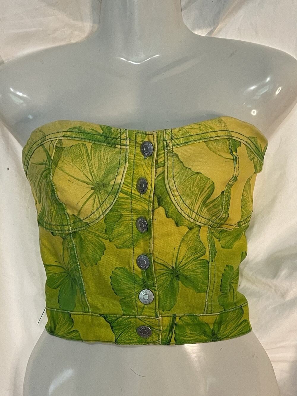 VBRT Vibrant Corset Top Shirt Women’s Size Small Green Yellow Butterflies Cotton